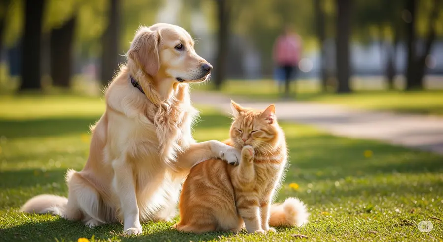 a large dog and a small cat relaxing in a park