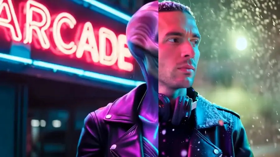 Graphic of a man and an alien showcasing the editing capabilities of Lucy Edit Dev