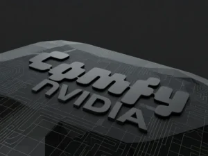 ComfyUI and NVidia text logos on a digital styled wallpaper background