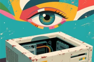 60s art style of a large eye gazing into an open computer case
