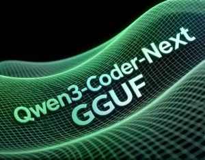 Green hill in a angled grid design that reads Qwen3-Coder-Next