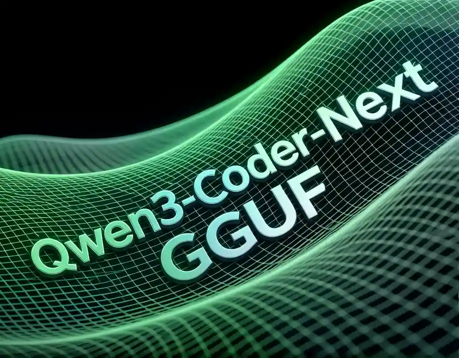 Green hill in a angled grid design that reads Qwen3-Coder-Next