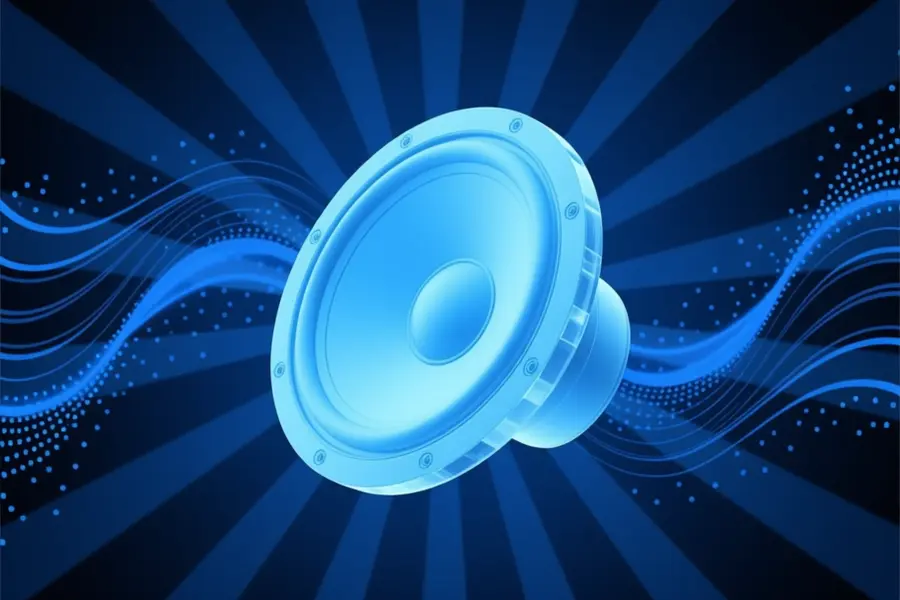 A blue digital floating sub woofer speaker with dark blue wavy particle background