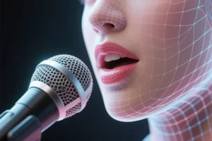 A close up of a woman speaking in to a microphone in digital mesh decoration