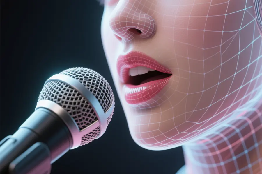 A close up of a woman speaking in to a microphone in digital mesh decoration