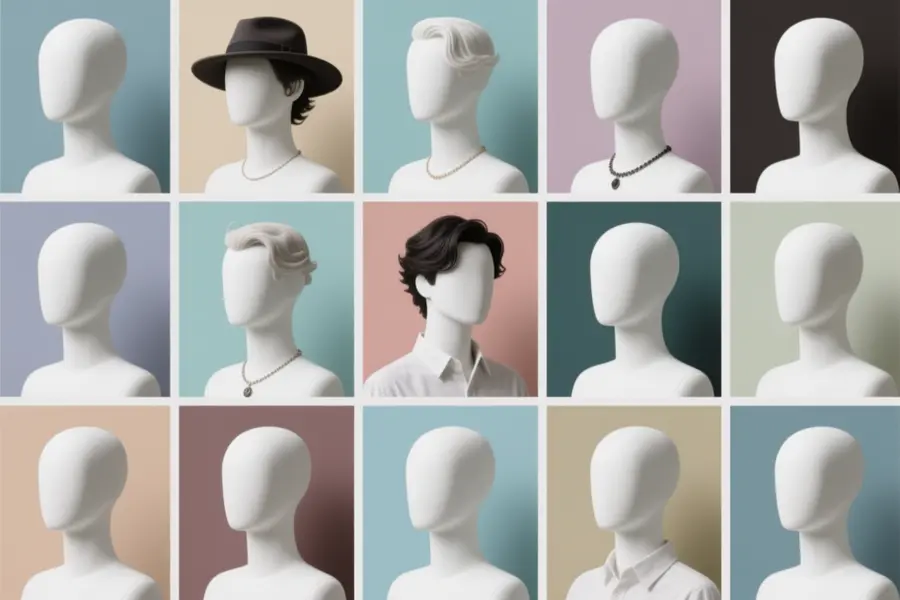 A collection of portraits of mannequin heads with their own colored background