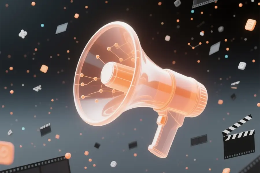 A floating orange translucent directors megaphone