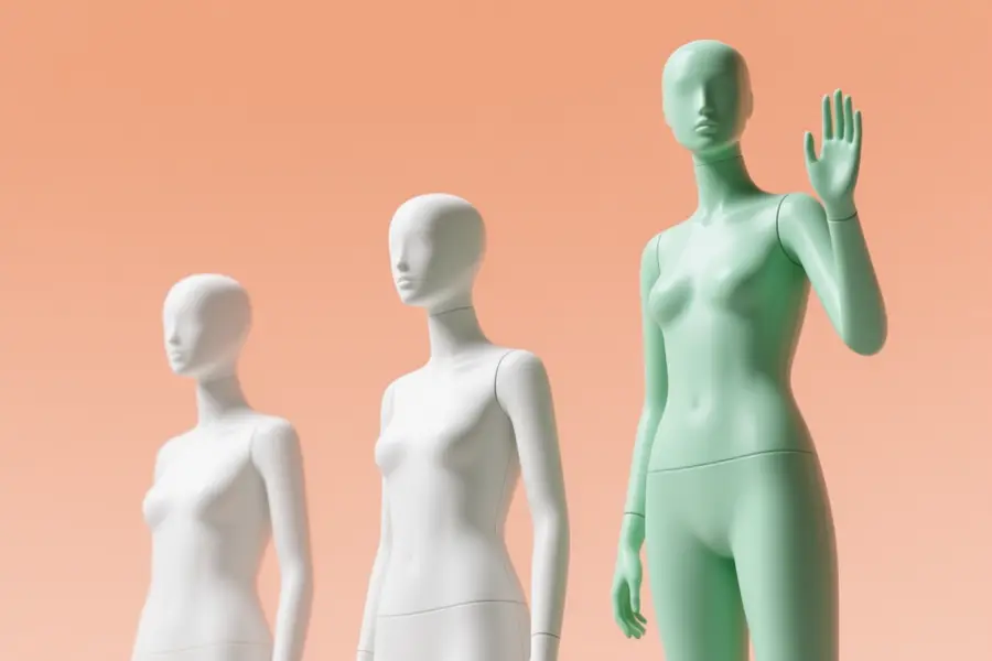 A group of mannequins where one is green and waving to the camera