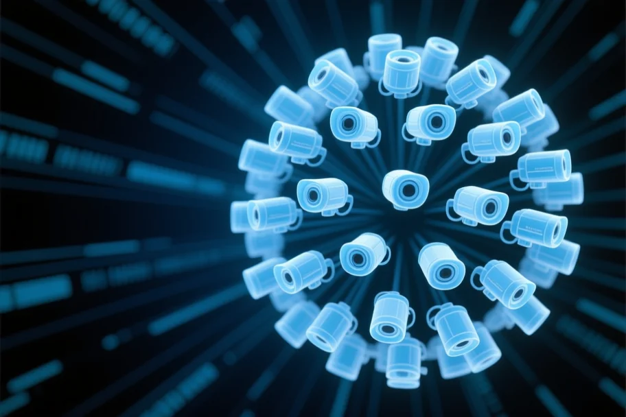 A large group of translucent cameras capturing multiple angles