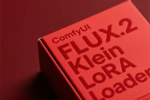 A large red product box that reads ComfyUI FLUX.2 Klein LoRA Loader