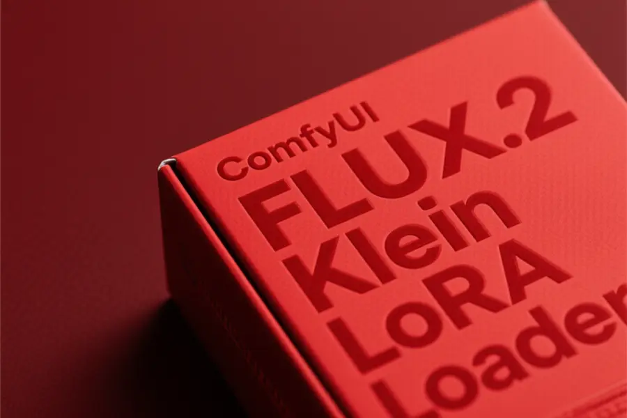 A large red product box that reads ComfyUI FLUX.2 Klein LoRA Loader