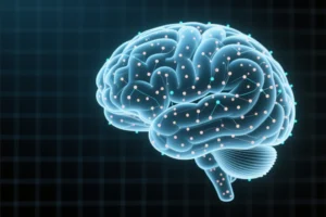 A large translucent floating brain graphic