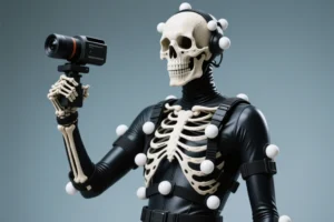 A skeleton in mocap gear holding a webcam