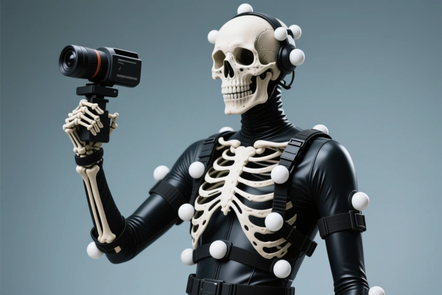 A skeleton in mocap gear holding a webcam