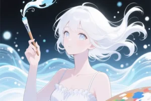 An anime woman with white flowing hair painting into the air