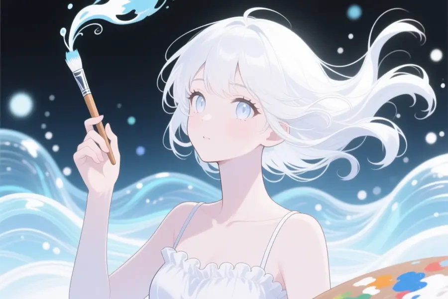 An anime woman with white flowing hair painting into the air