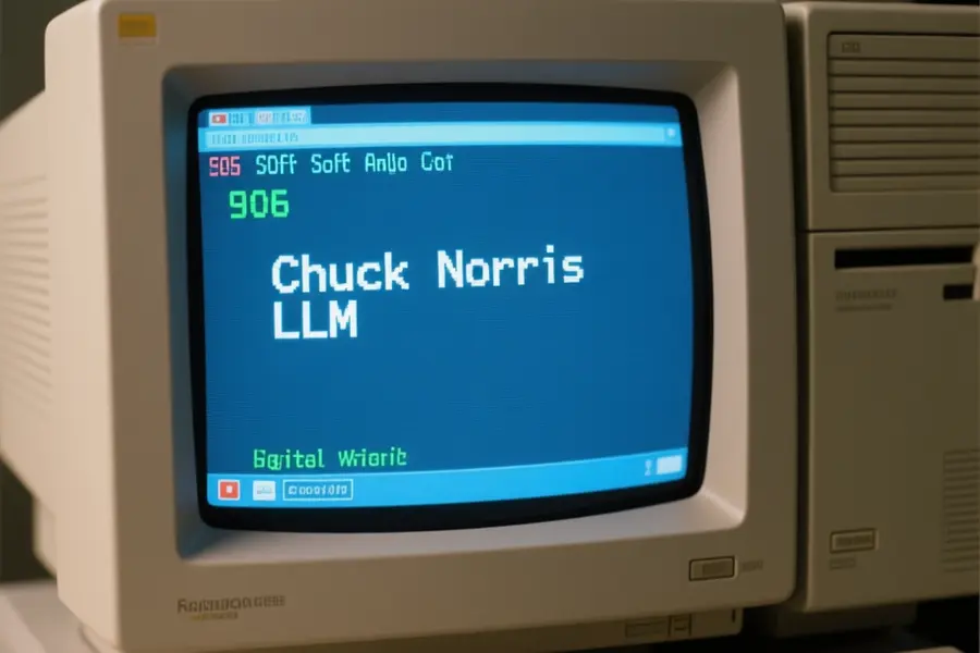 An old 1990s computer with large text on the screen that reads Chuck Norris LLM