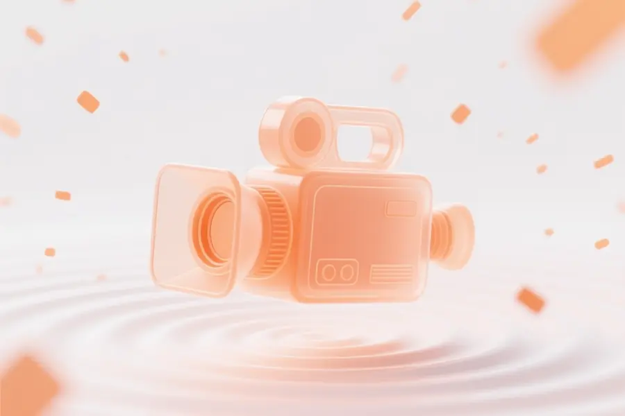 An orange translucent video camera floating above a digital rippling sea