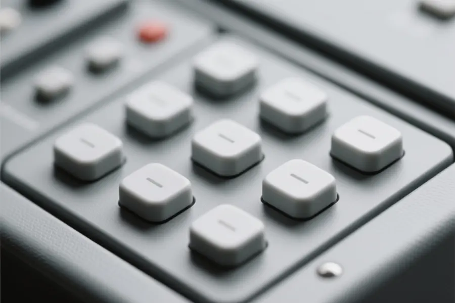 Close up of a minimal designed control interface with grey buttons and grey panelling