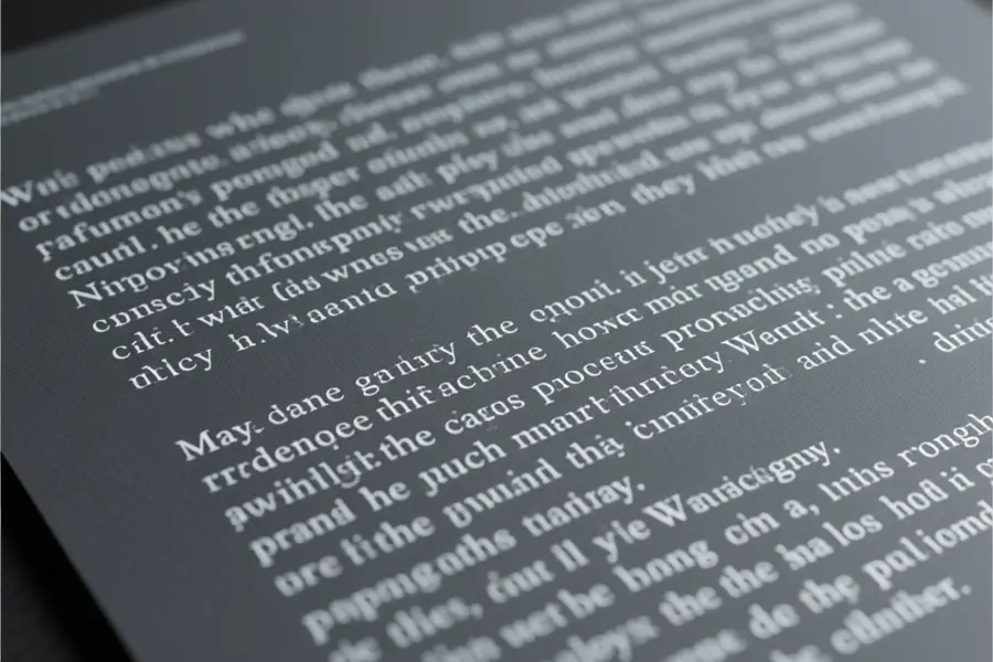 Close up of white text in gibberish on a dark grey sheet of paper