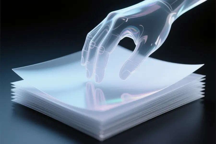 Closeup of a translucent hand flipping over a stack of translucent paper.