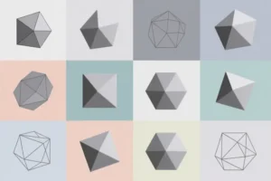 Collection of many platonic solid shapes in various styles with different colored backgrounds.