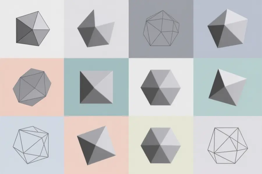 Collection of many platonic solid shapes in various styles with different colored backgrounds.