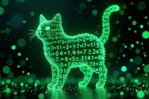 Digital green cat made up of numbers and light in a stylized digital outline