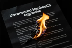 Flaming text that reads Uncensored HauhauCS Aggressive on a black matte piece of paper