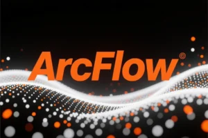 Italic orange text for Arcflow on a rolling digital hill