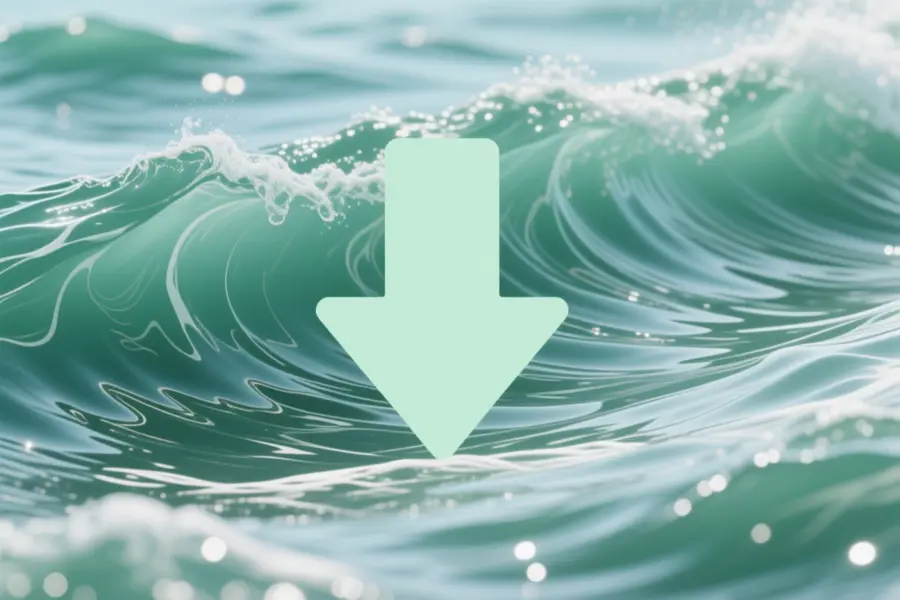 Large light green colored centered arrow with crashing green waves in the background.