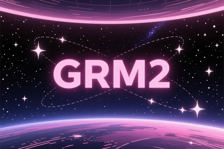 Large magenta text that reads GRM2 in space in an analog style