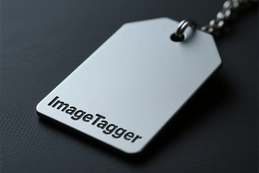 Large slate colored metalic tag with the words ImageTagger engraved.
