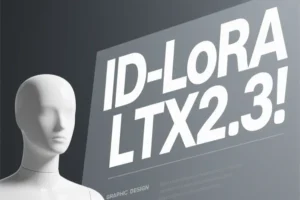 Large white text that reads ID-LoRA LTX2.3 with a mannequins head next to it.