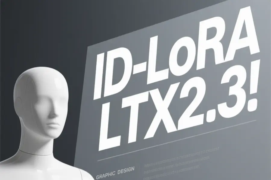 Large white text that reads ID-LoRA LTX2.3 with a mannequins head next to it.