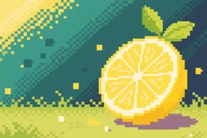 A digital pixelated lemon on a pixelated grass surface