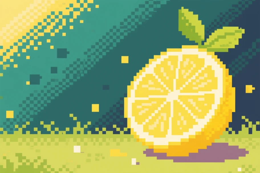 A digital pixelated lemon on a pixelated grass surface