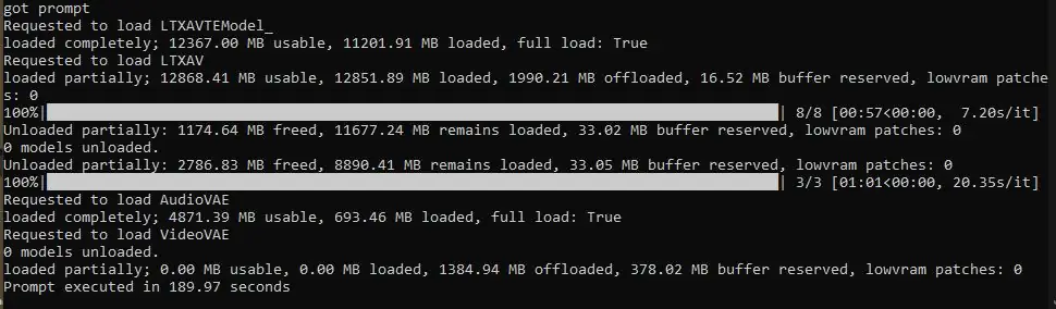 Screenshot of LTX2.3 generation times in ComfyUI