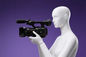 Mannequin holding and operating a professional video camera with a purple background