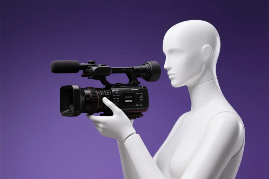 Mannequin holding and operating a professional video camera with a purple background