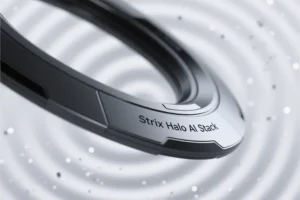 Metallic floating halo with the words engraved Strix Halo AI Stack