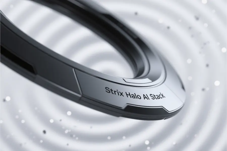 Metallic floating halo with the words engraved Strix Halo AI Stack