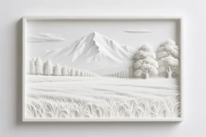 Picture of an embossed sculpted art piece of a mountain and tress