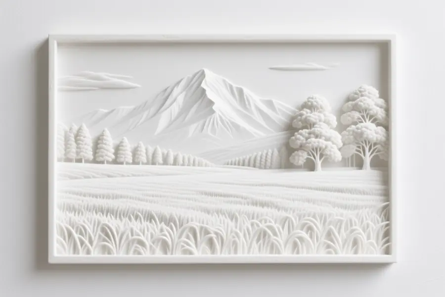 Picture of an embossed sculpted art piece of a mountain and tress