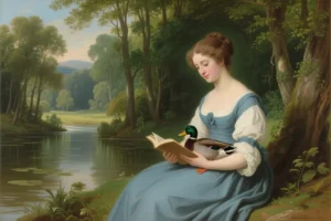 Regency era painting of a woman reading a book to a duck