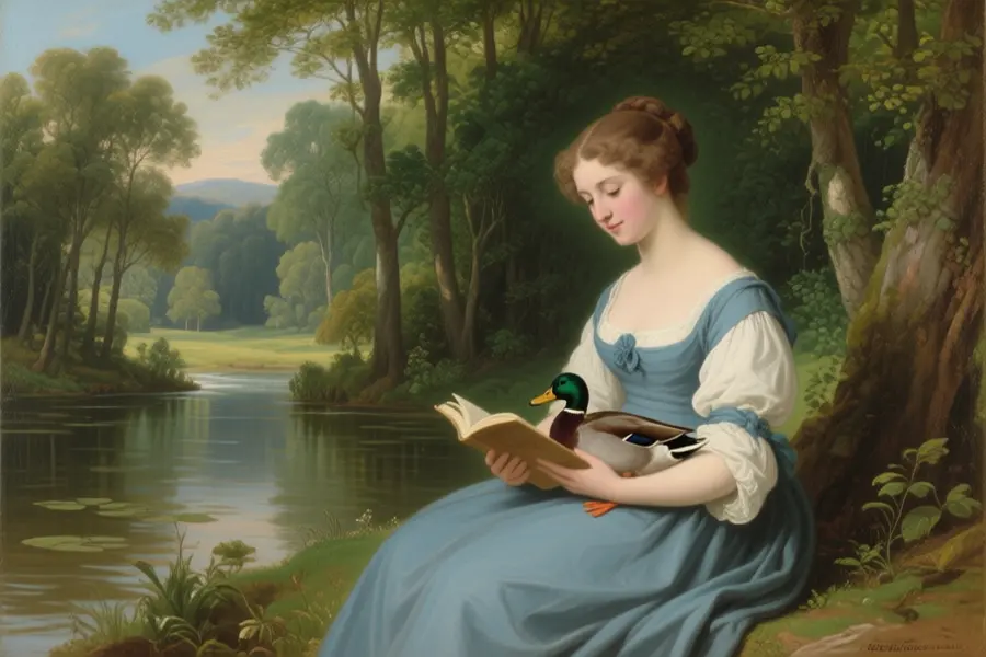 Regency era painting of a woman reading a book to a duck