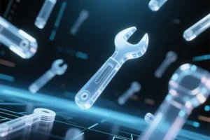Translucent tools floating and falling in a digital space