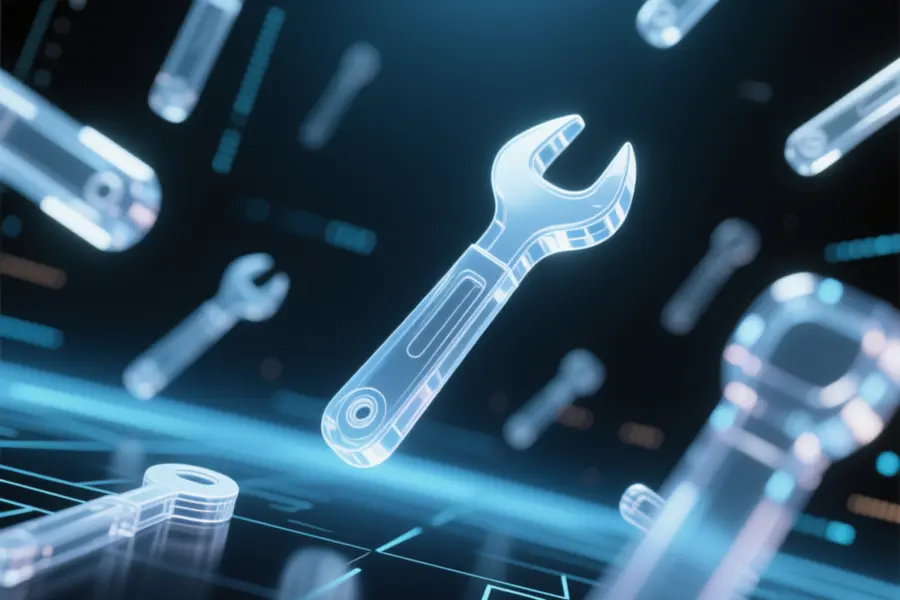 Translucent tools floating and falling in a digital space