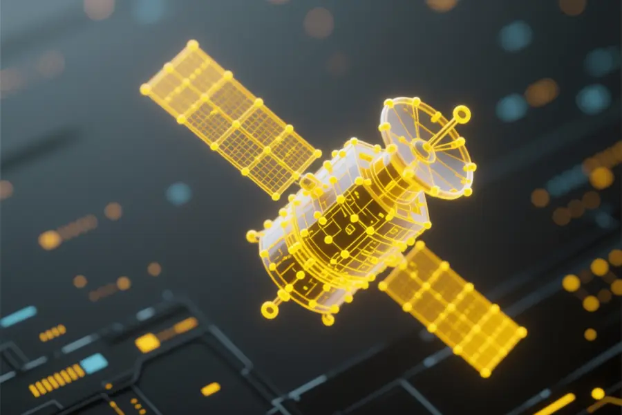 Yellow satellite floating over a grey digital landscape