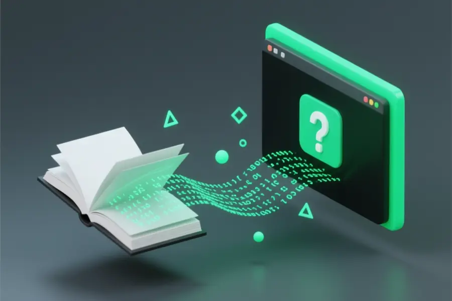 3D render of an open book with its pages turning into translucent digital sheets with streams of green monospace text code flowing like a river towards a terminal window.